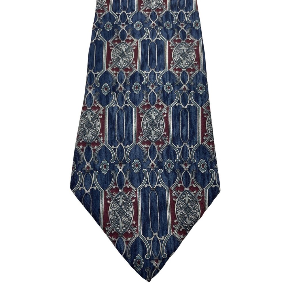 Henry Grethel 100% Italian Silk Mens Tie Necktie Blue Red Ornate Vintage Print